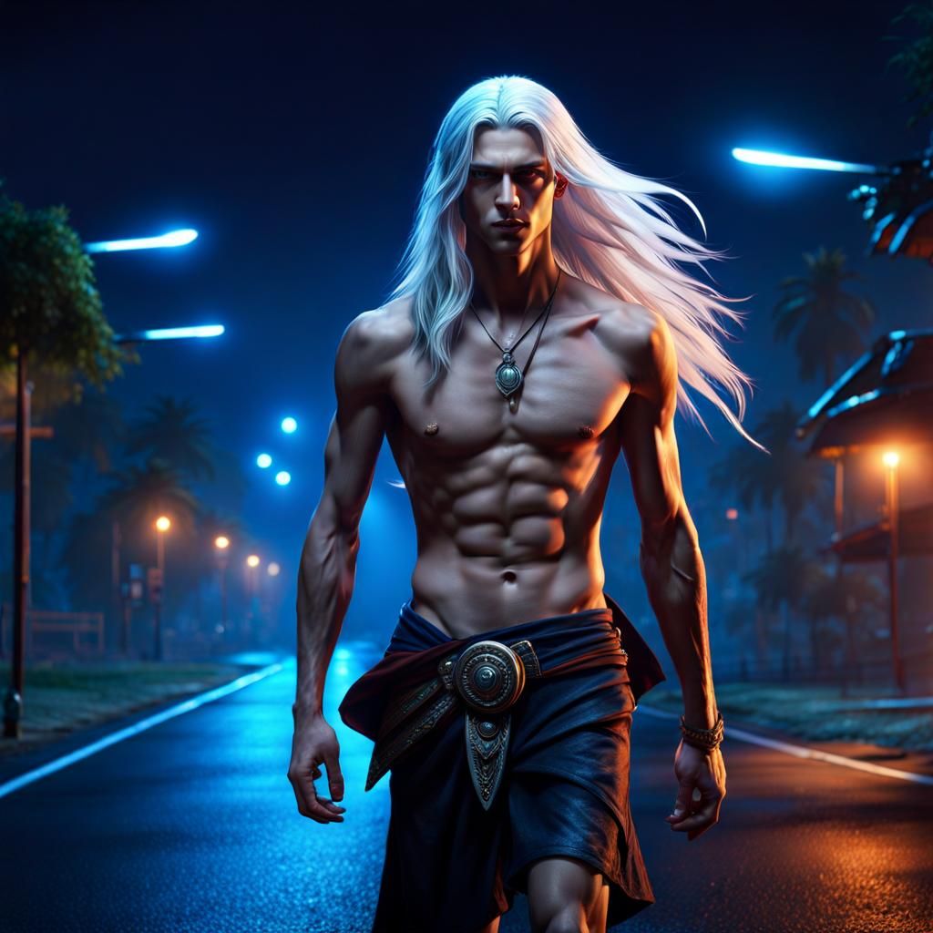 Slender Youth Walks Lonely Road at Night