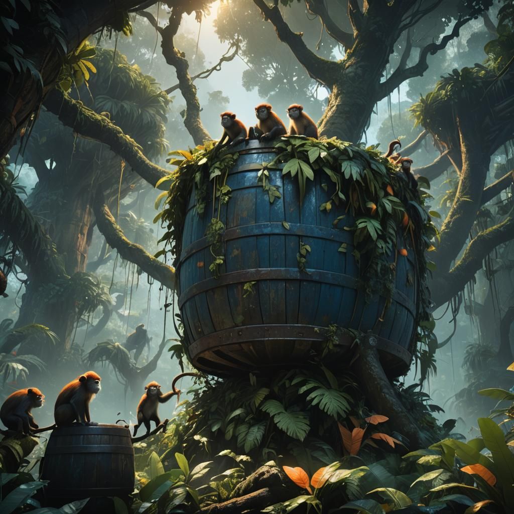 Monkeys Overflowing Barrel in Mystical Jungle Concept Art