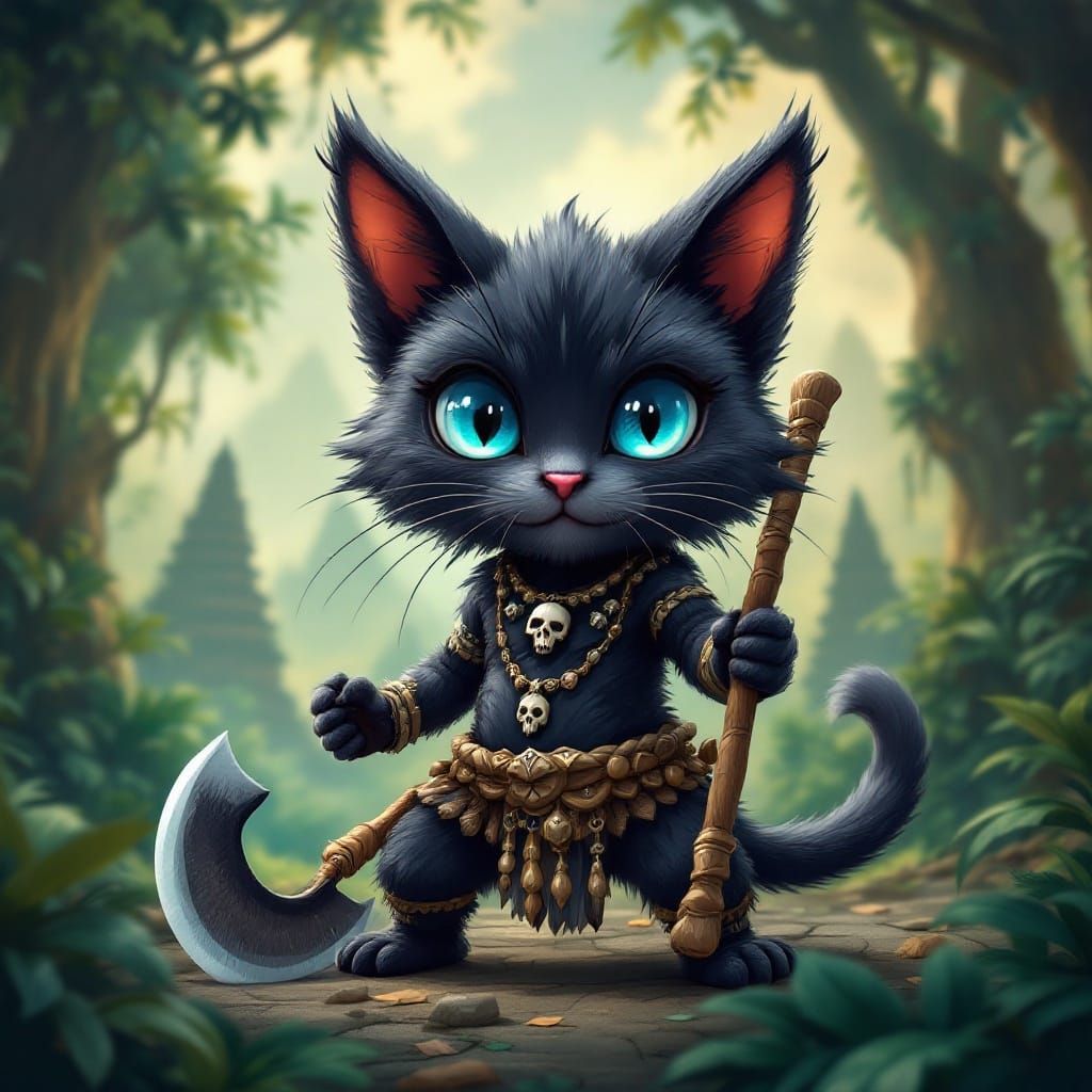 Warrior Cat in Vibrant Rainforest with Tribal Tattoos