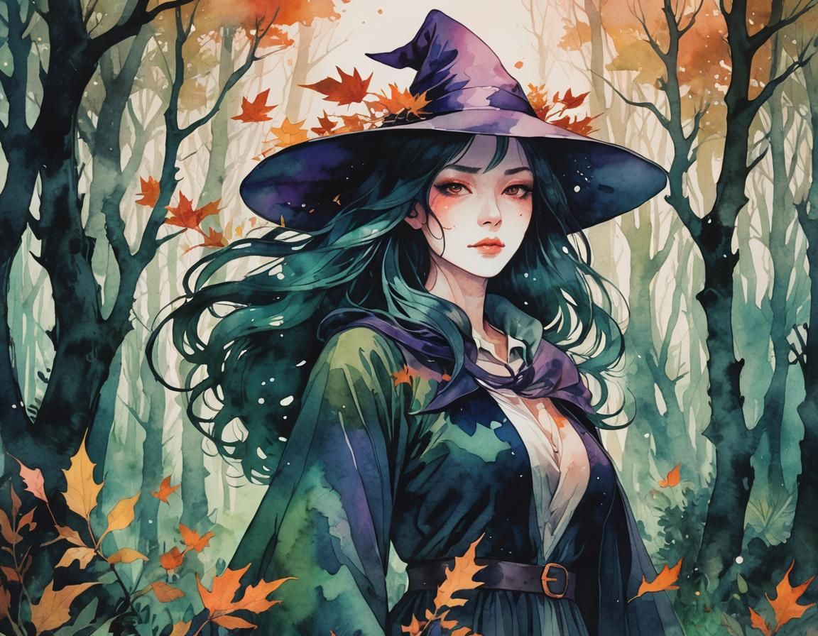 Watercolor Witch in Enchanted Forest: Manhwa Illustration