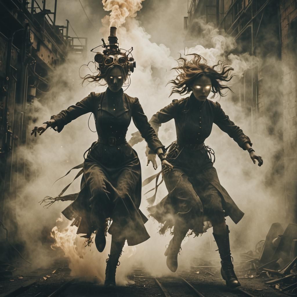 Glitchy Steampunk Chase Scene with Shadow Figure