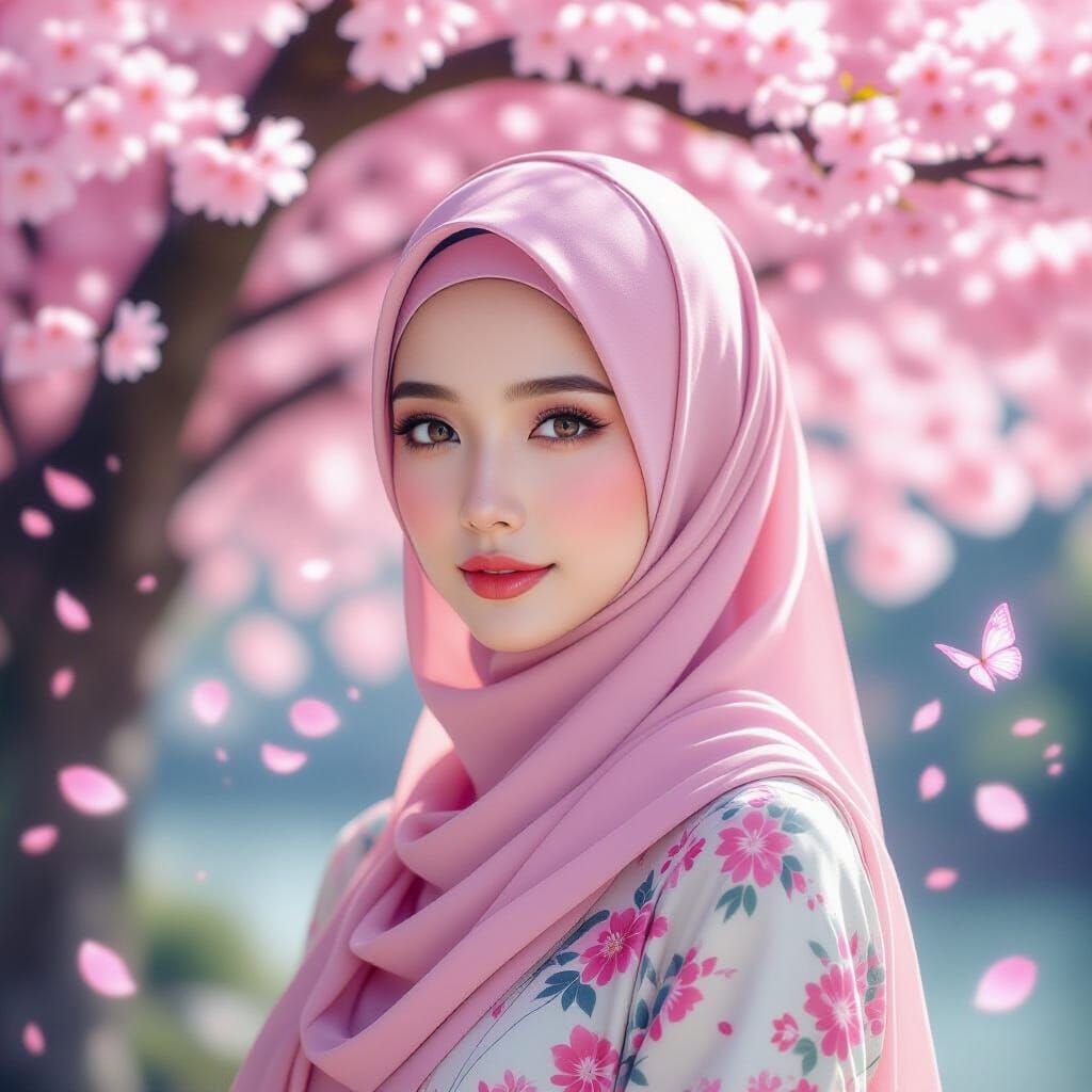 Asian Woman in Pastel Hijab Under Cherry Blossoms