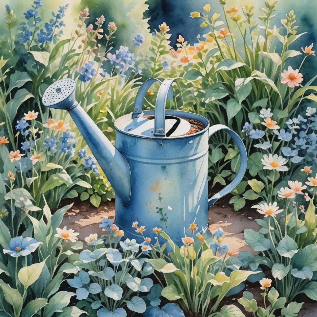 Pastel Watering Can in Whimsical Watercolor Style