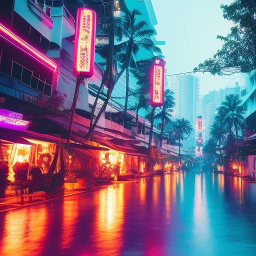 Thailand Beach at Night in Cyberpunk Style