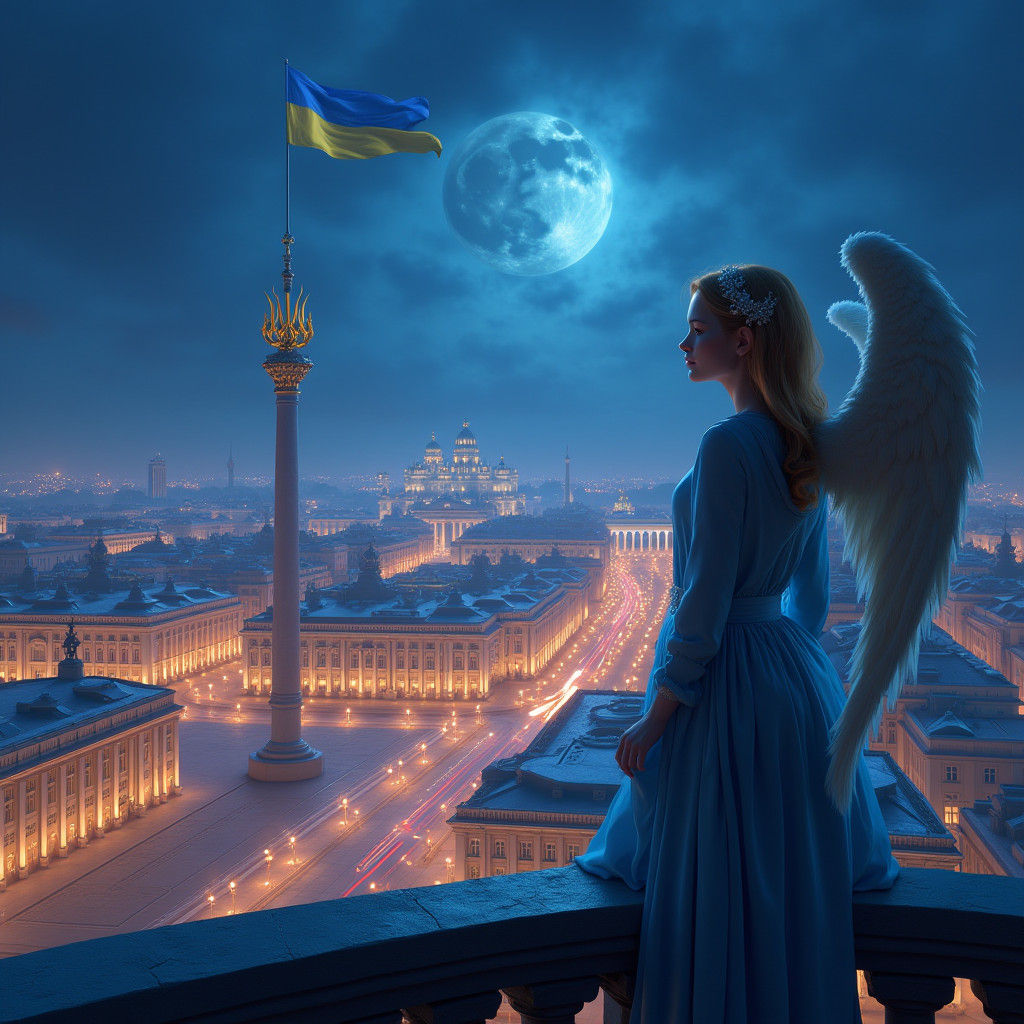 Ukraine at Night: 3D Rendering with Angelic Guardian