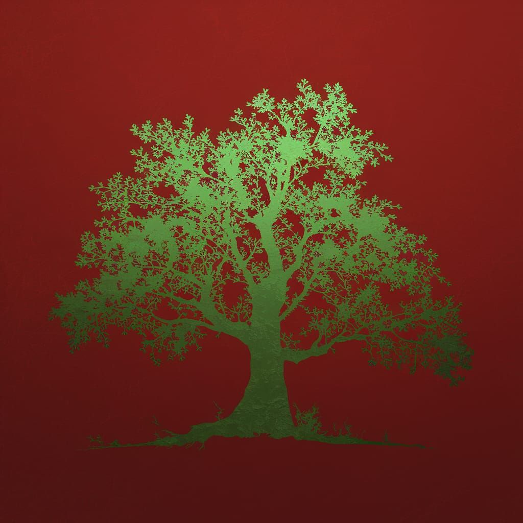 Lush Forest Silhouette Against Deep Red Background