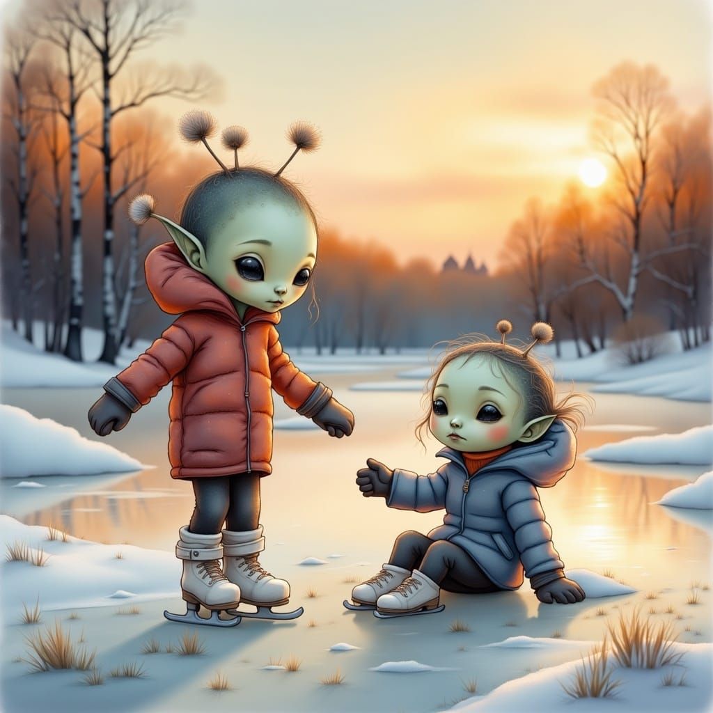 Adorable Aliens Discover Ice Skating in Winter Wonderland