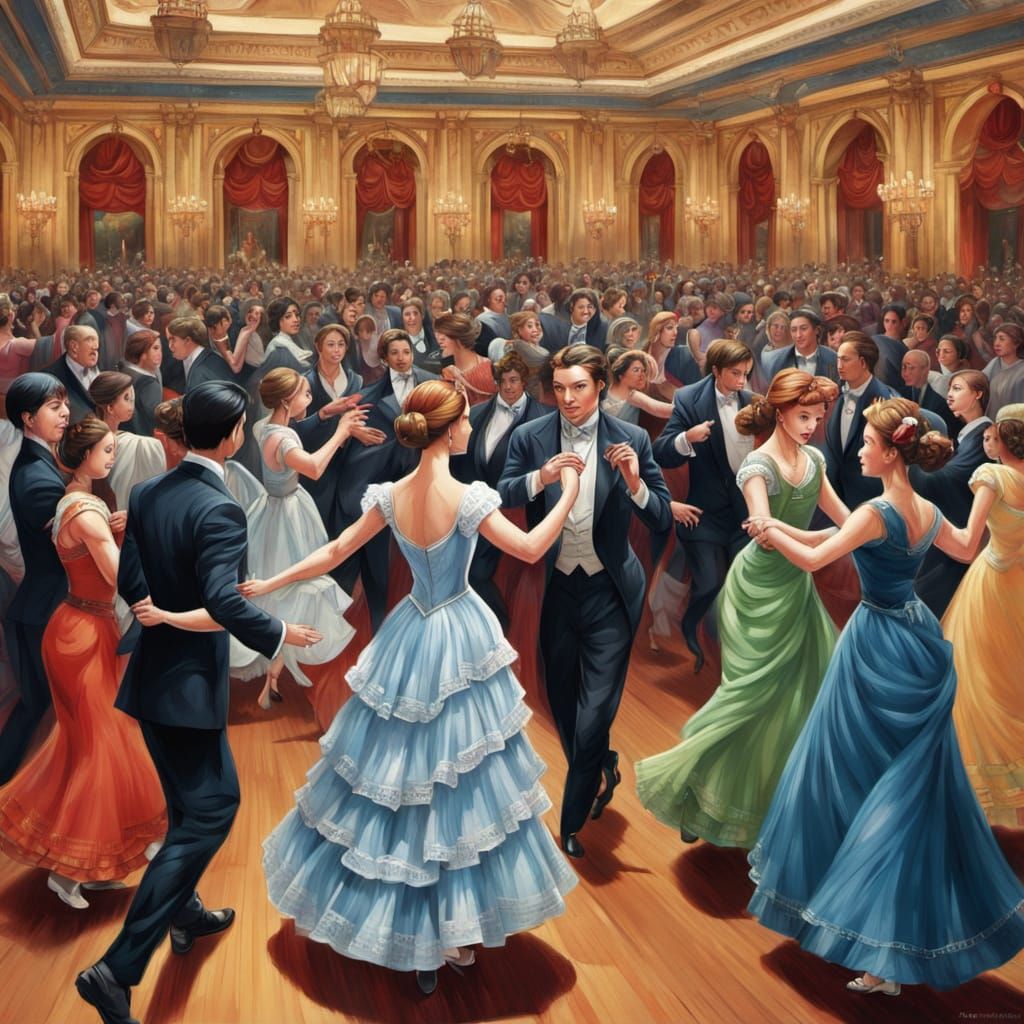 Woman on Crowded Dance Floor in Opulent Setting