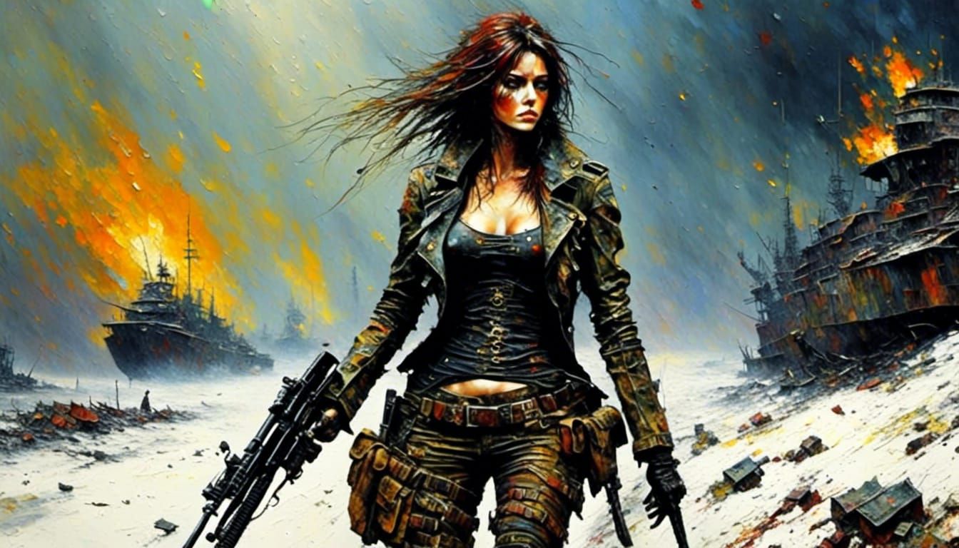 Female Mercenary in Sci-Fi Battle: Impasto Art