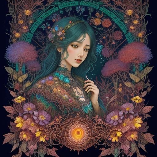 Elegant fantastical  Herbarium wildflowers berries zentangle...