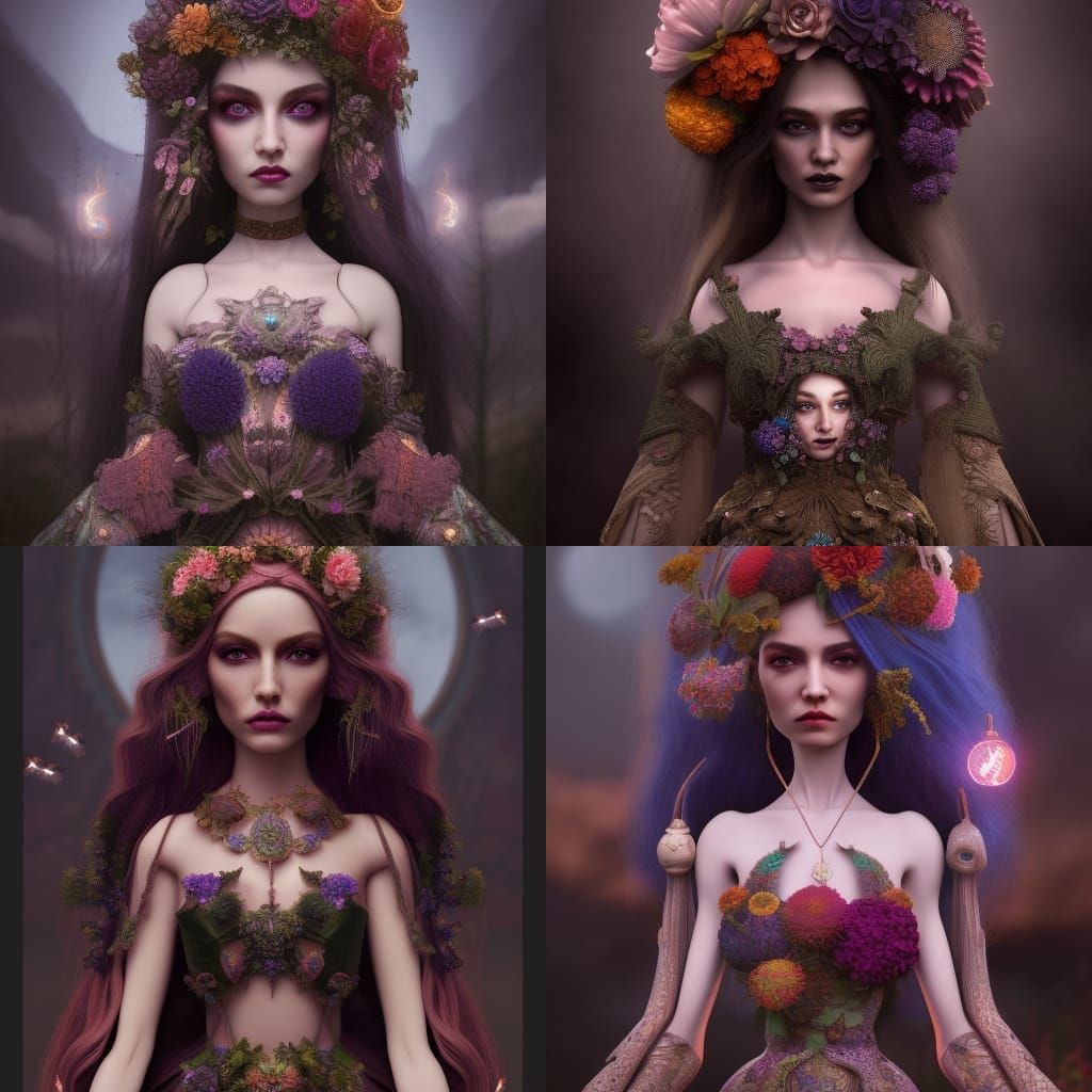 Detailed Doll with Ammonites, Flowers and Fireflies