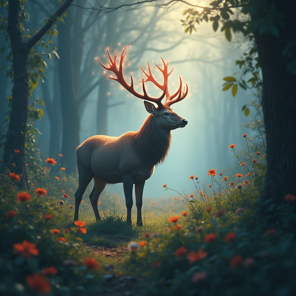 Mystic Deer in Misty Forest: Digital Matte Painting