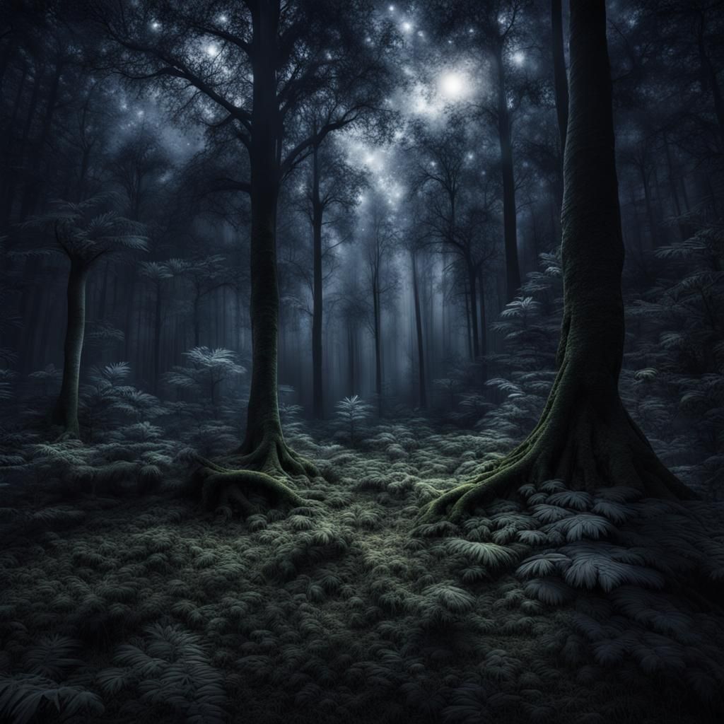 Hyperrealistic Midnight Forest Scene in High Definition