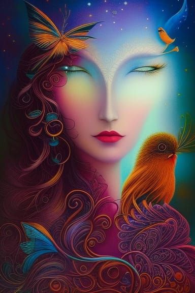 Fairytale Girl with Birds and Flowers: Coloring Book Style