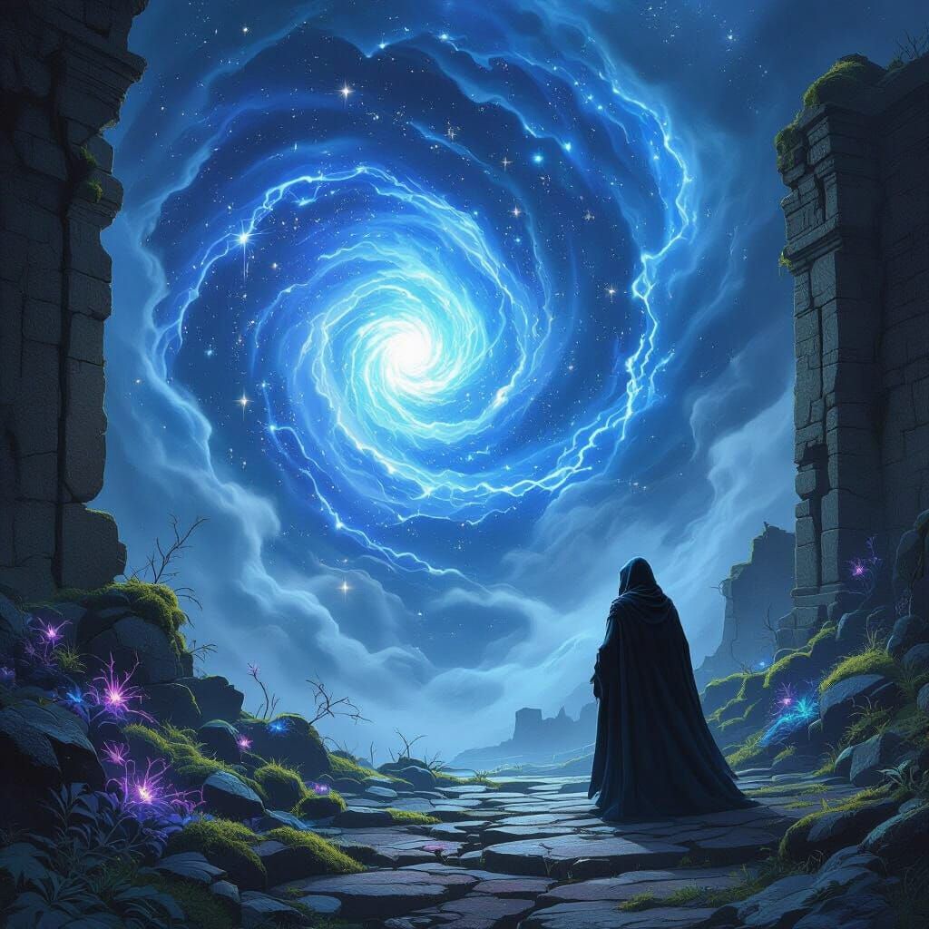 Figure Gazes into Starlight Vortex at Ancient Ruins