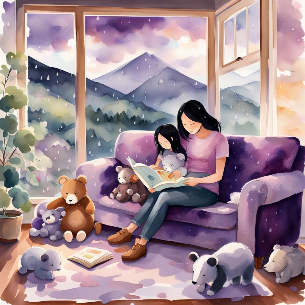 Cozy Mother Reading to Children in Watercolor Style