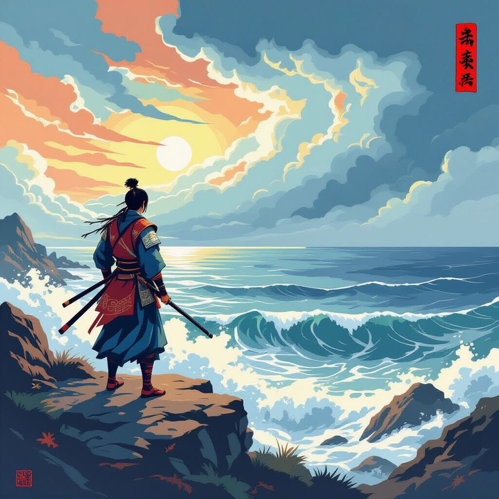 Ukiyo-e Warrior Gazes at Stormy Sea
