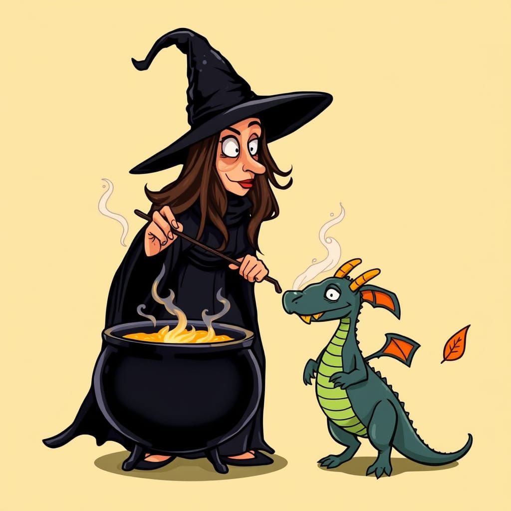 Cartoon Witch and Dragon Stirring Cauldron