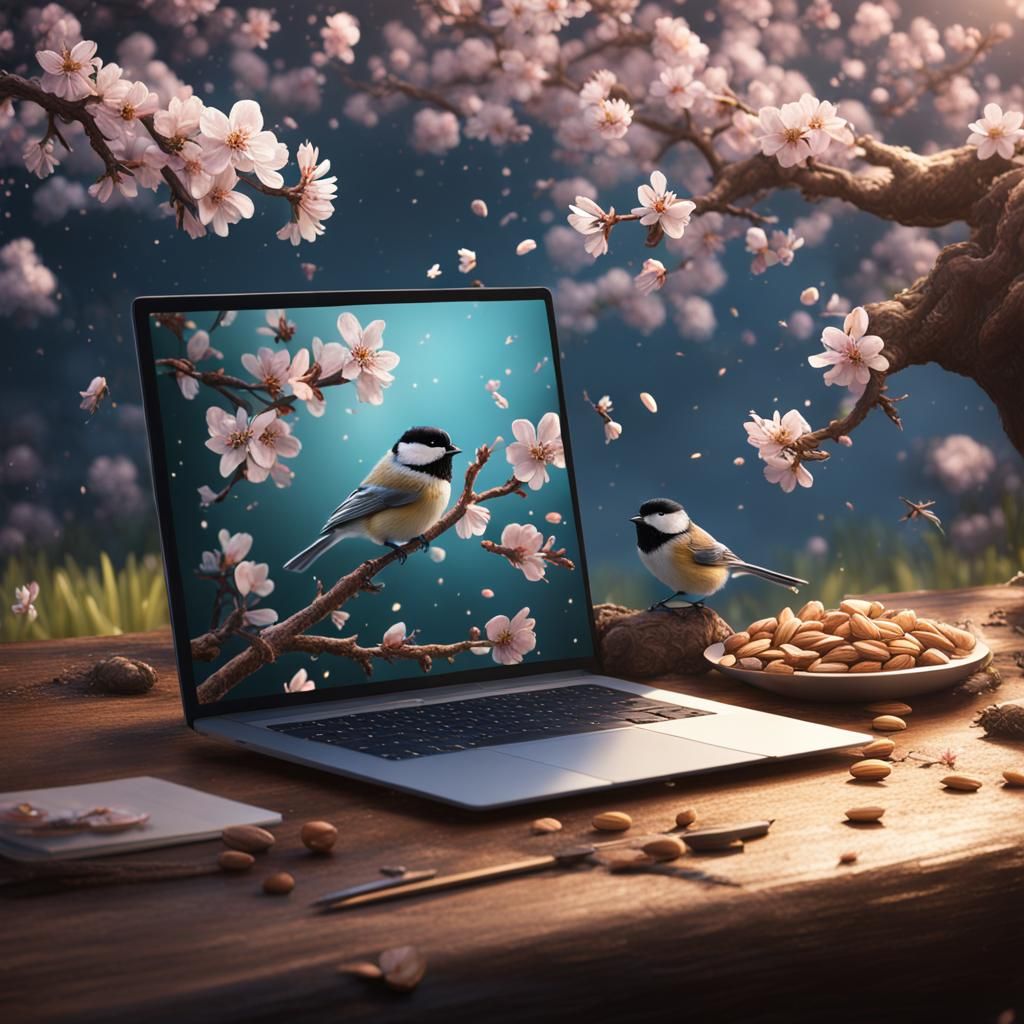 Chickadee on MacBook with Almond Blossoms, Digital Painting