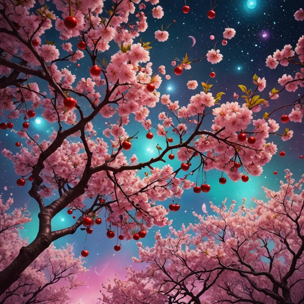 Surreal Cherry Tree Floating in Dreamy Space, Pop Art