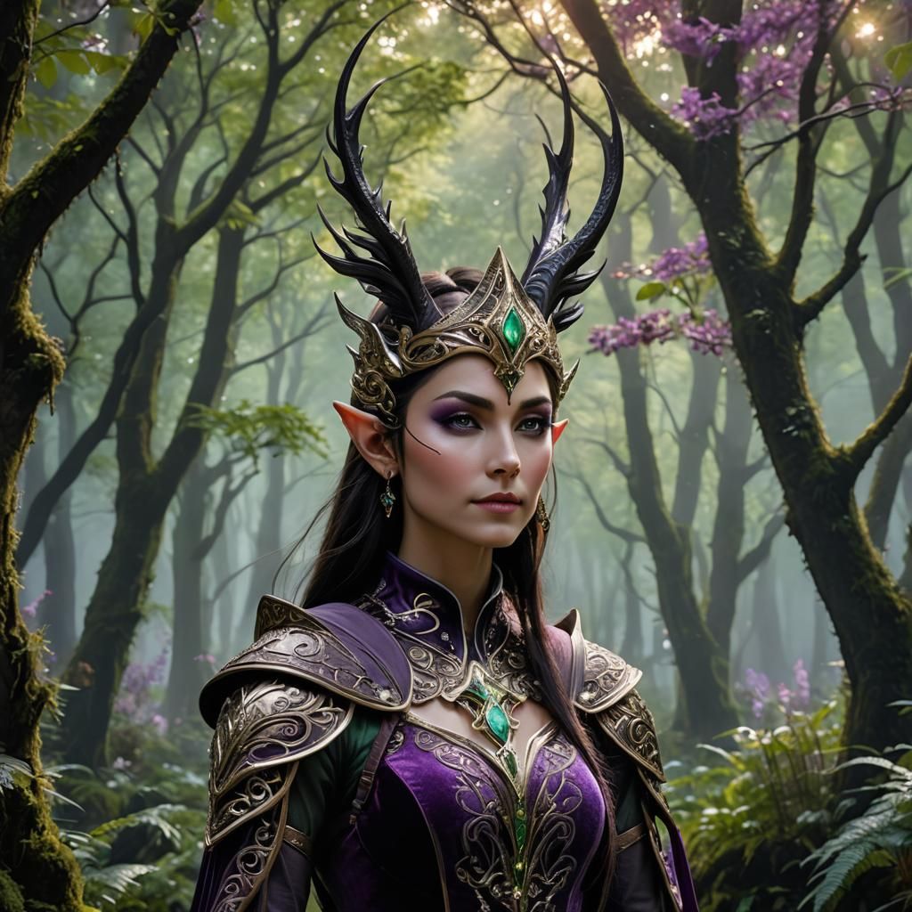 High Elf Warrior in Moonlit Forest, Art Nouveau Style
