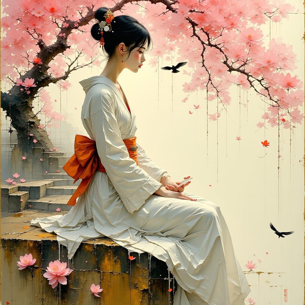 Serene Woman Shares Dreams in Spring, Japanese Art Style