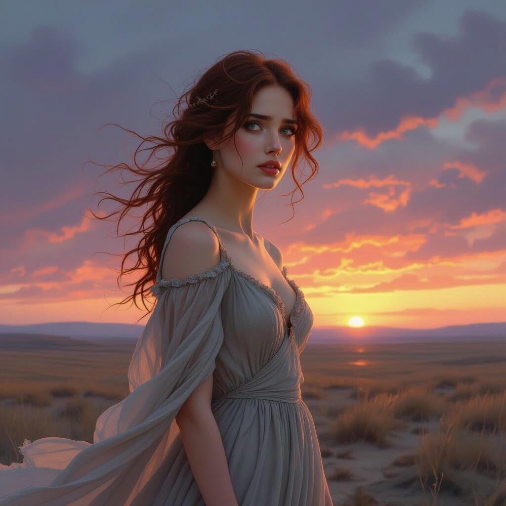 Woman Searching Horizon in Dramatic Painterly Style