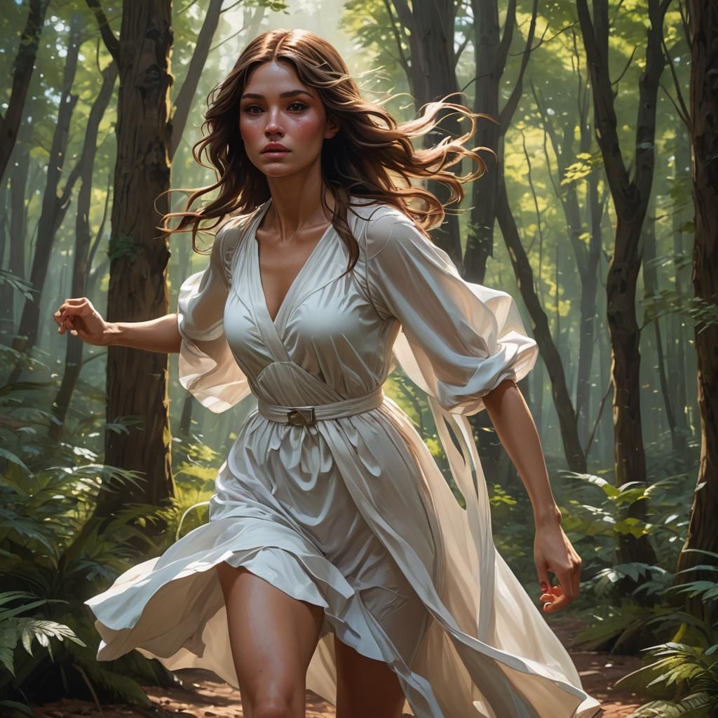 Girl in White Dress: Hyperdetailed Forest Portrait