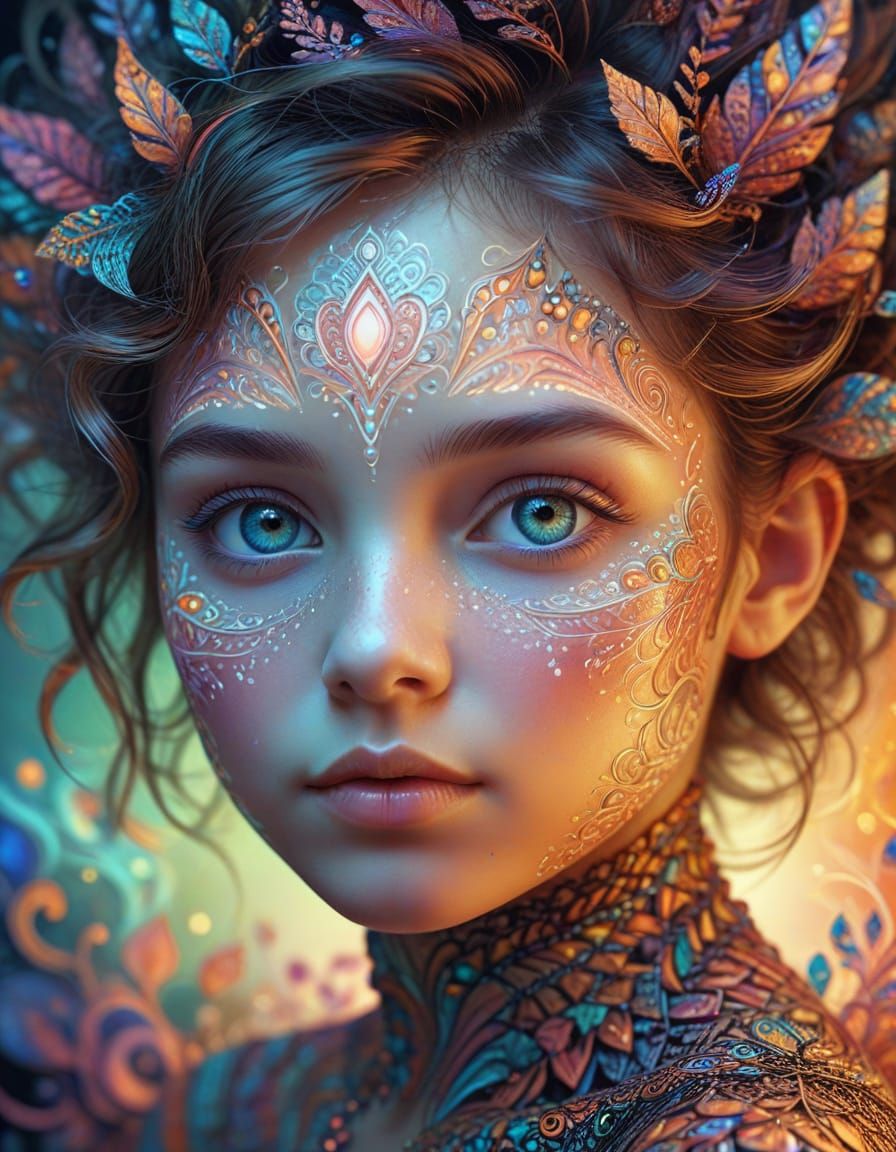 Dreamlike Child Portrait with Fractal Patterns