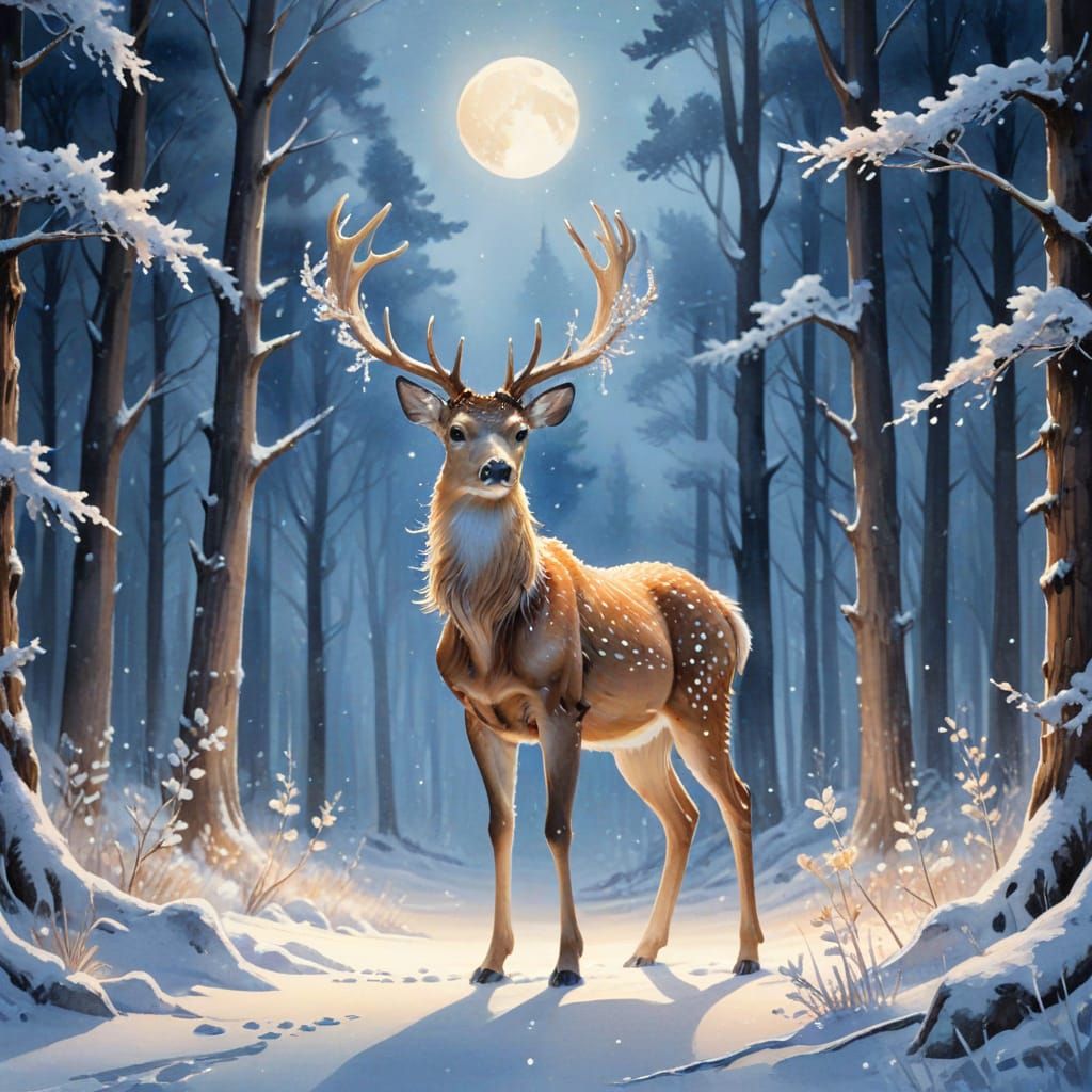 Moonlight Deer with Crystalline Antlers in Watercolor