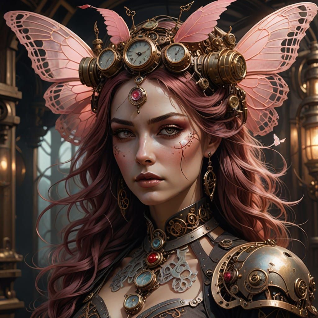 Steampunk Fantasy Art of a Young Woman in Red and Silver