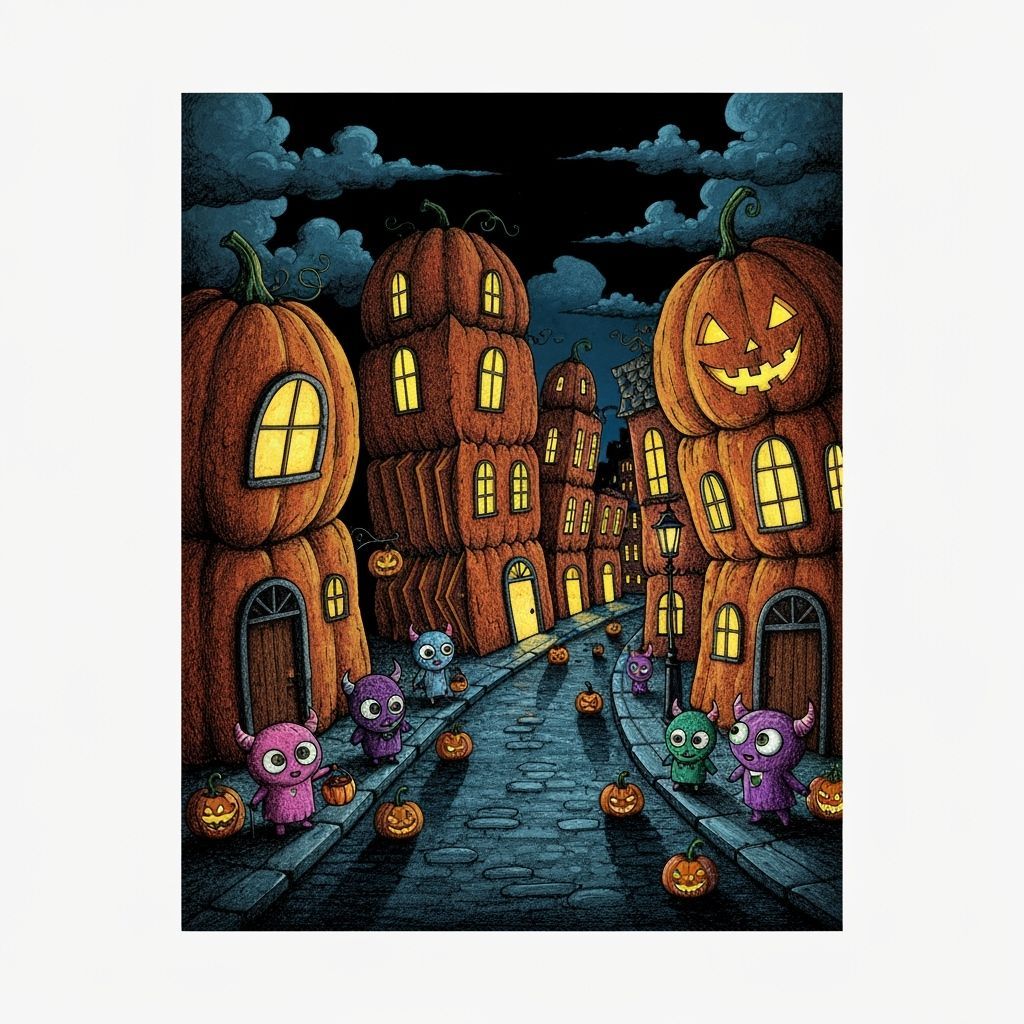 Whimsical Pumpkin Cityscape in Tim Burton Style