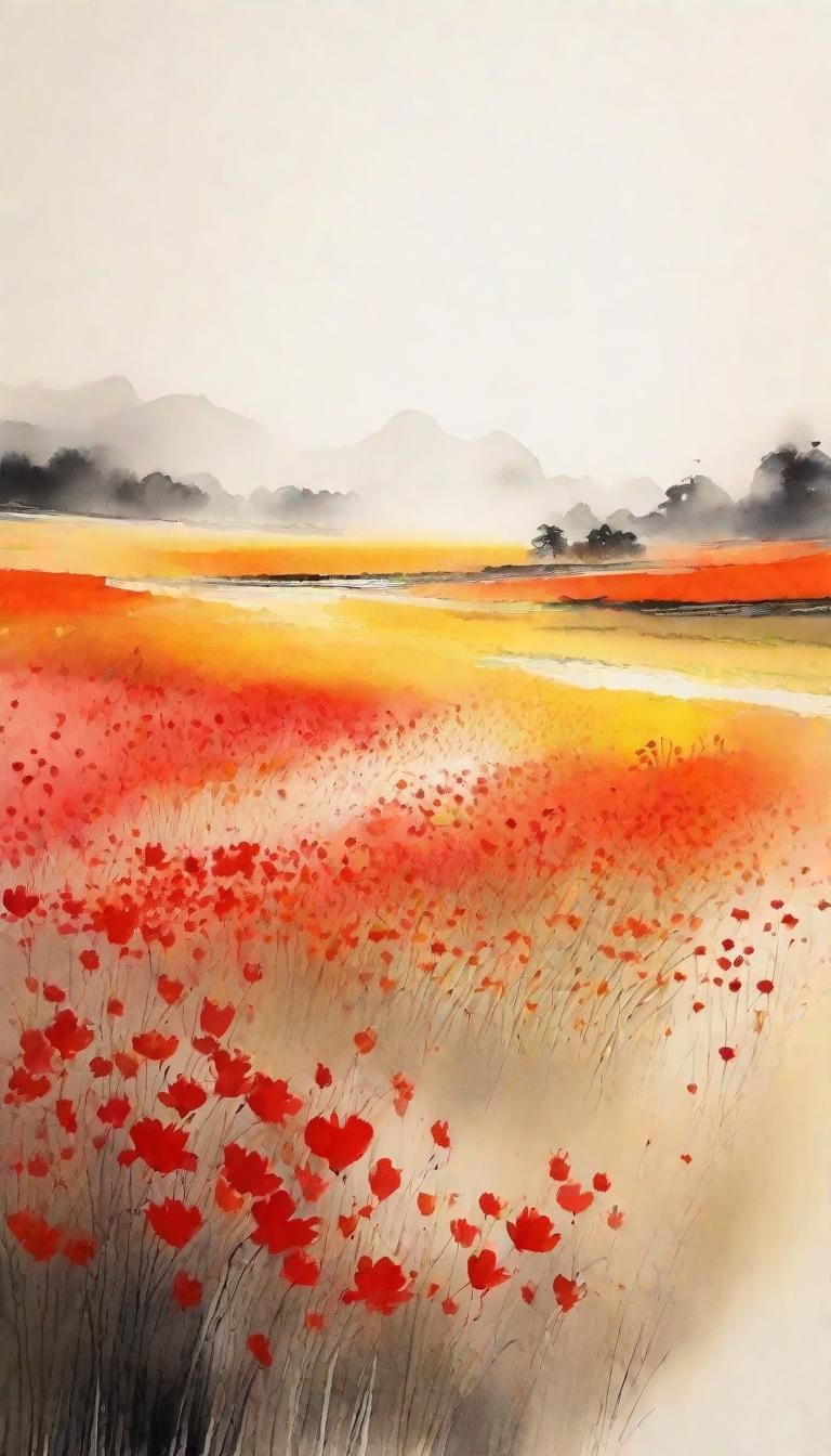 Minimalist Flower Fields in Chinese Ink Style