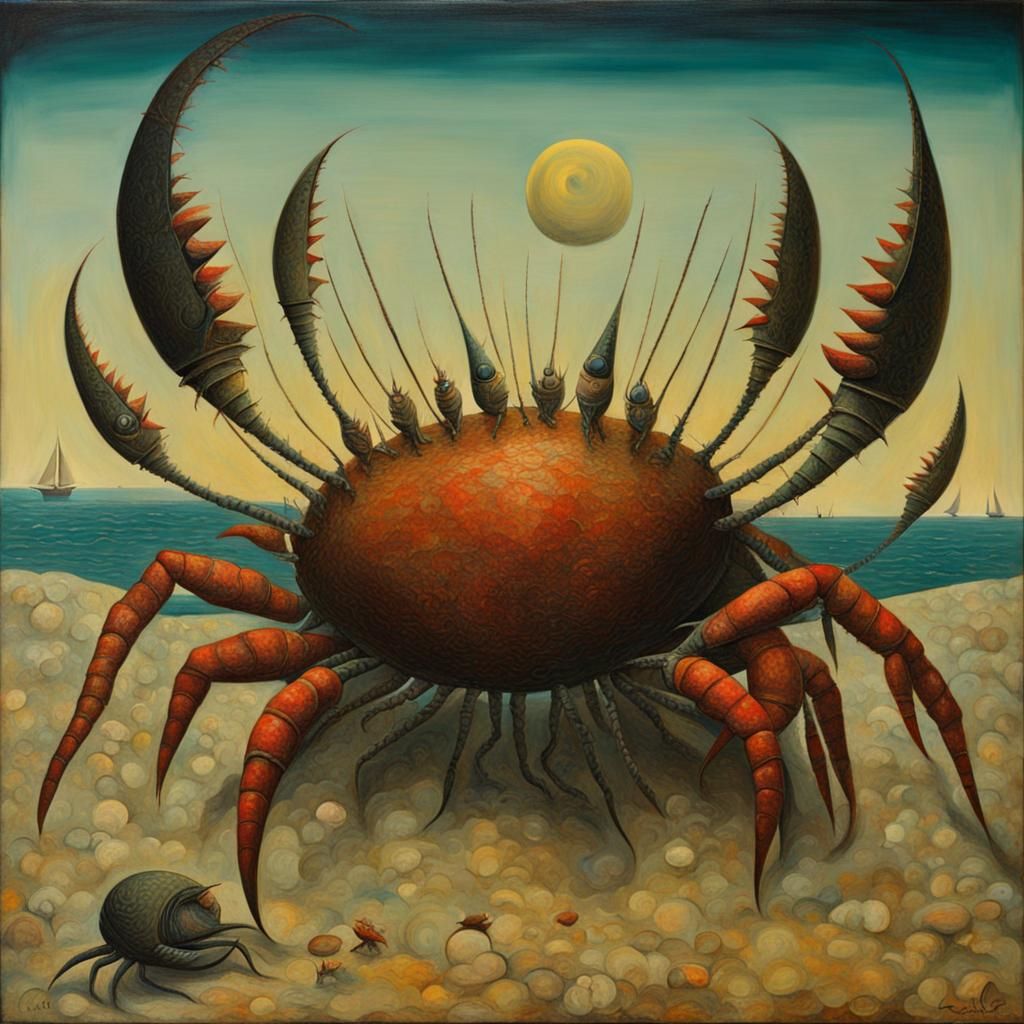 Surreal Crustacea Painting in Max Ernst Style