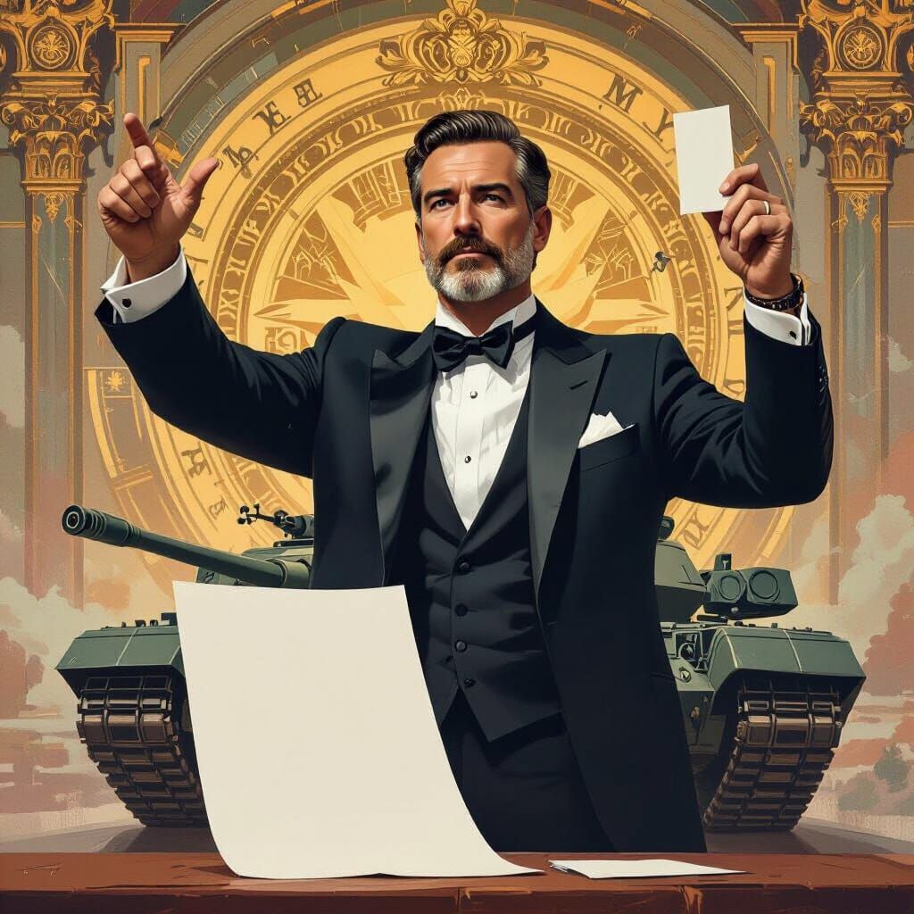 EU President Holds Tank and Scissors in Fantasy Concept Art