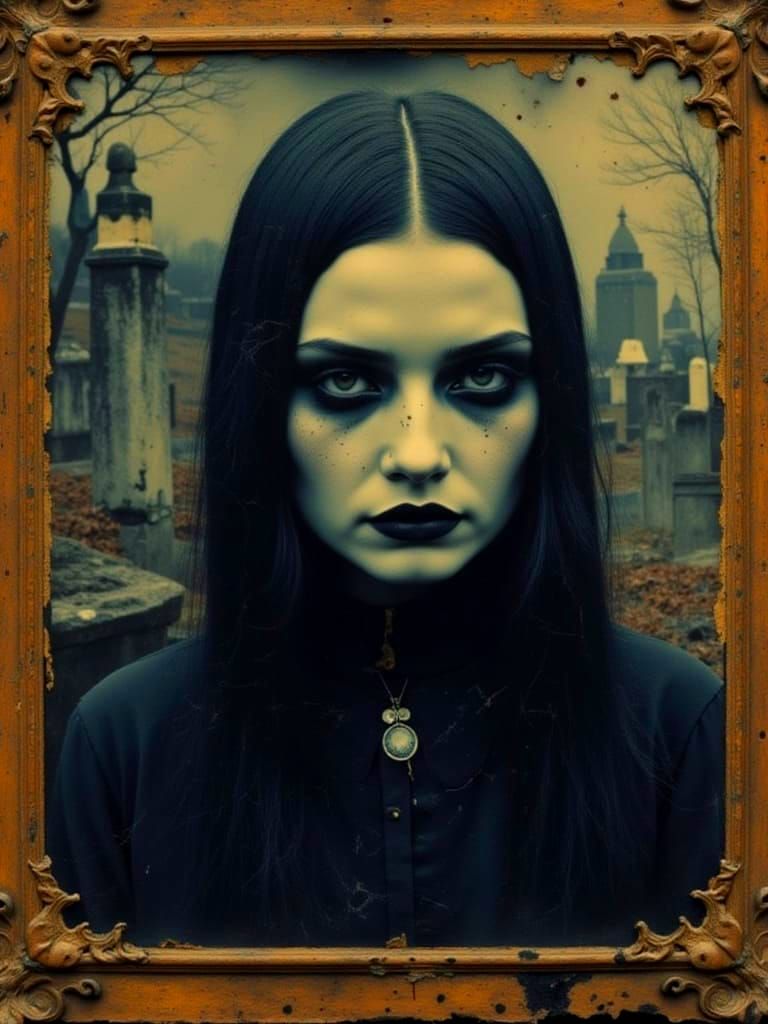 Gothic Witch Portrait in Ornate Gilded Frame