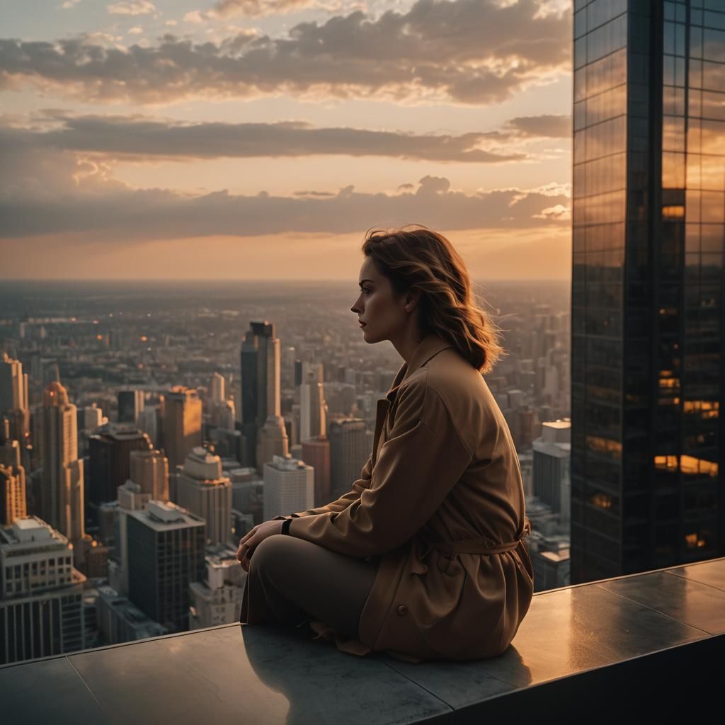 Woman Gazing at Sunset from Skyscraper Edge