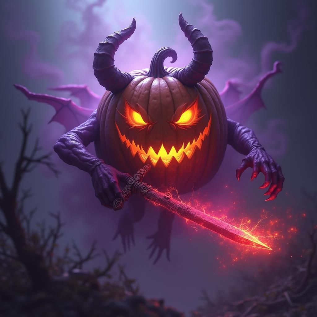 Demon Pumpkin with Flaming Sword in Dark Fantasy Style