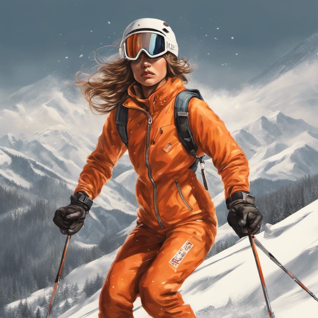 Girl in Retro Ski Suit on Snowy Alps