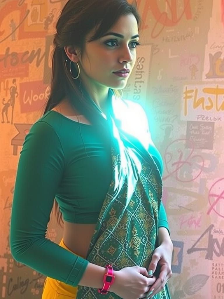 Palestinian Woman in Bohemian Dress: Polychromatic Oil Paint...