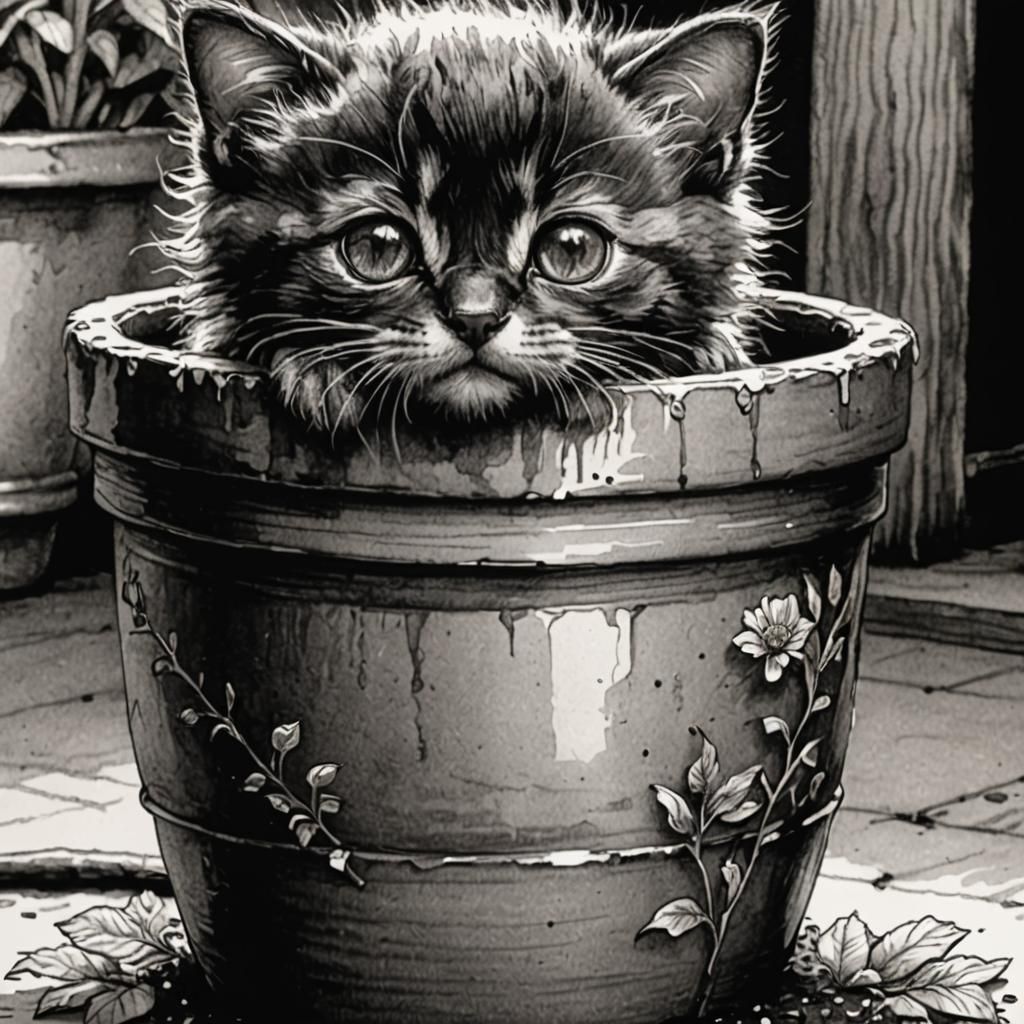 Detailed Pen and Ink Kitten Hiding in Flowerpot