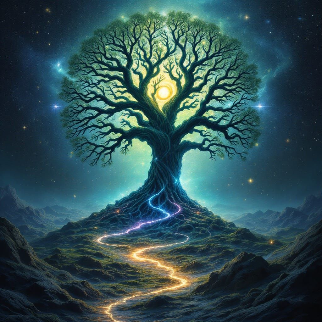 Ethereal Yggdrasil Tree of Creation in Dreamcore Style