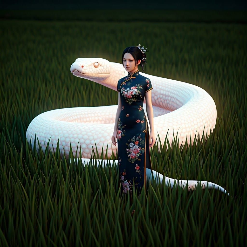 Asian Woman with White Snake in Mystical Setting