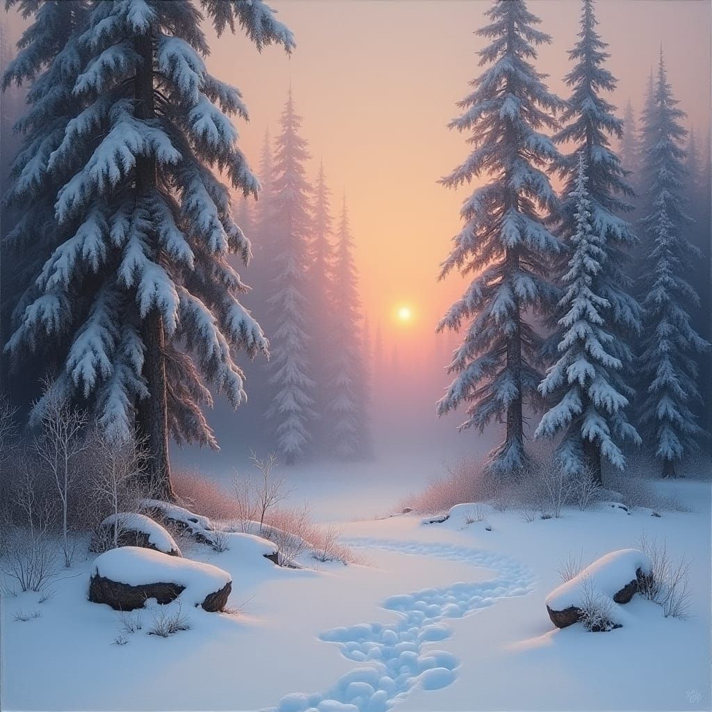 Snowy Forest at Dawn in Style of Church