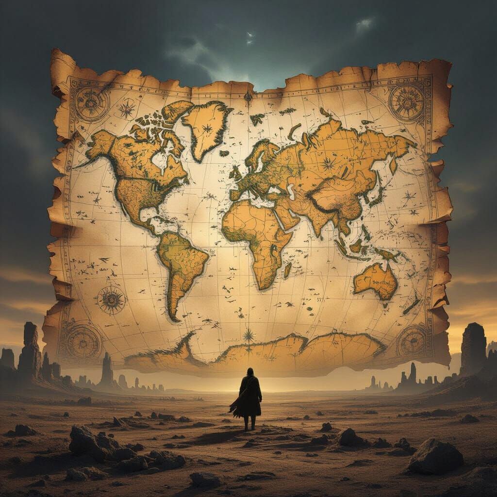 Ancient Map on Windswept Plain with Ruined Civilizations