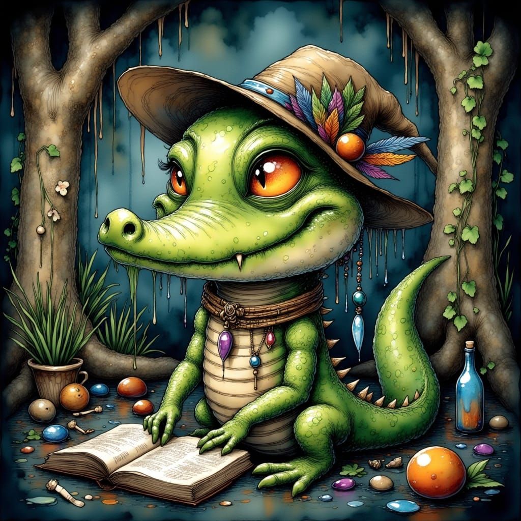 Mystical Chibi Alligator in Dark Bayou Setting