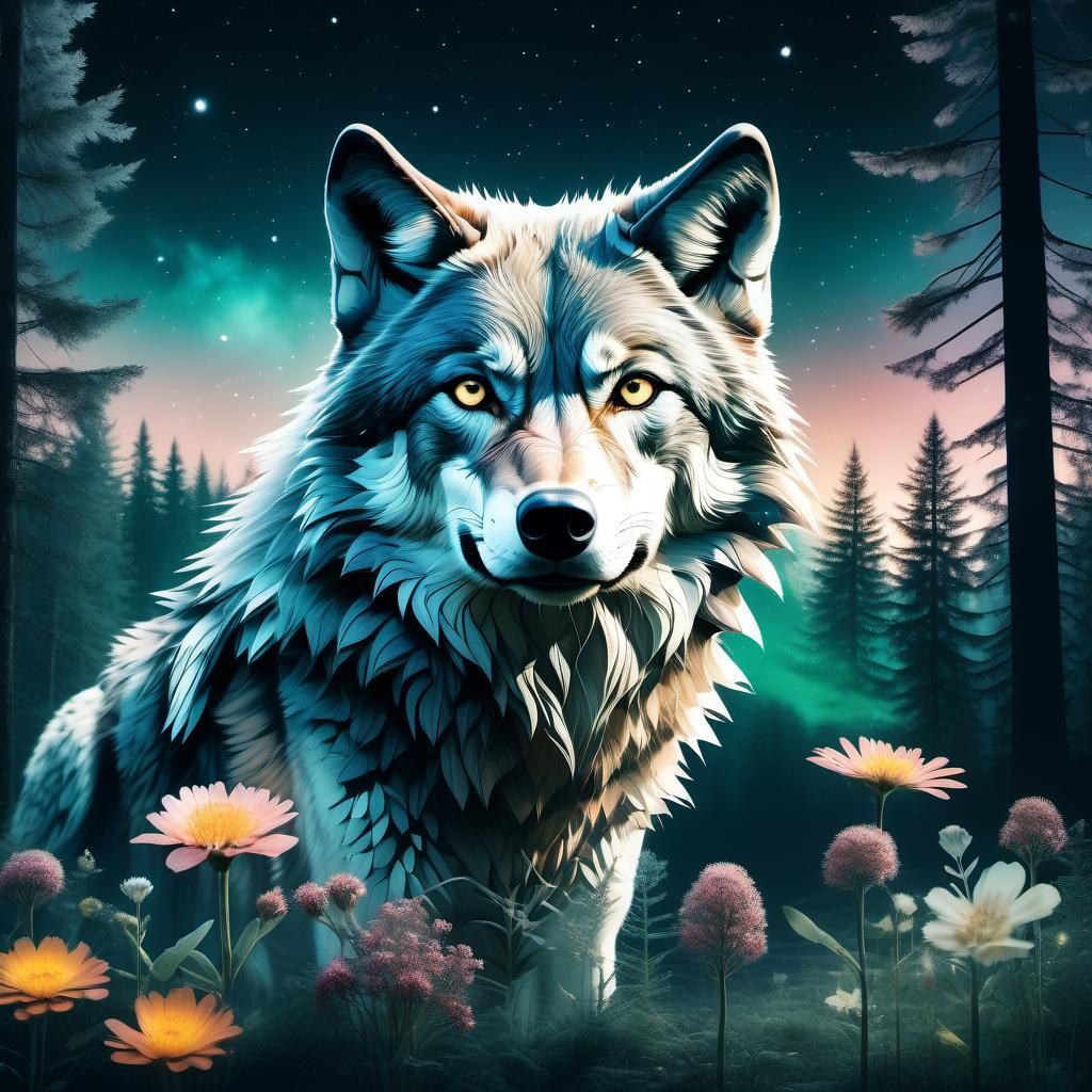 Hyperrealistic Double Exposure Wolf with Forest Inlay