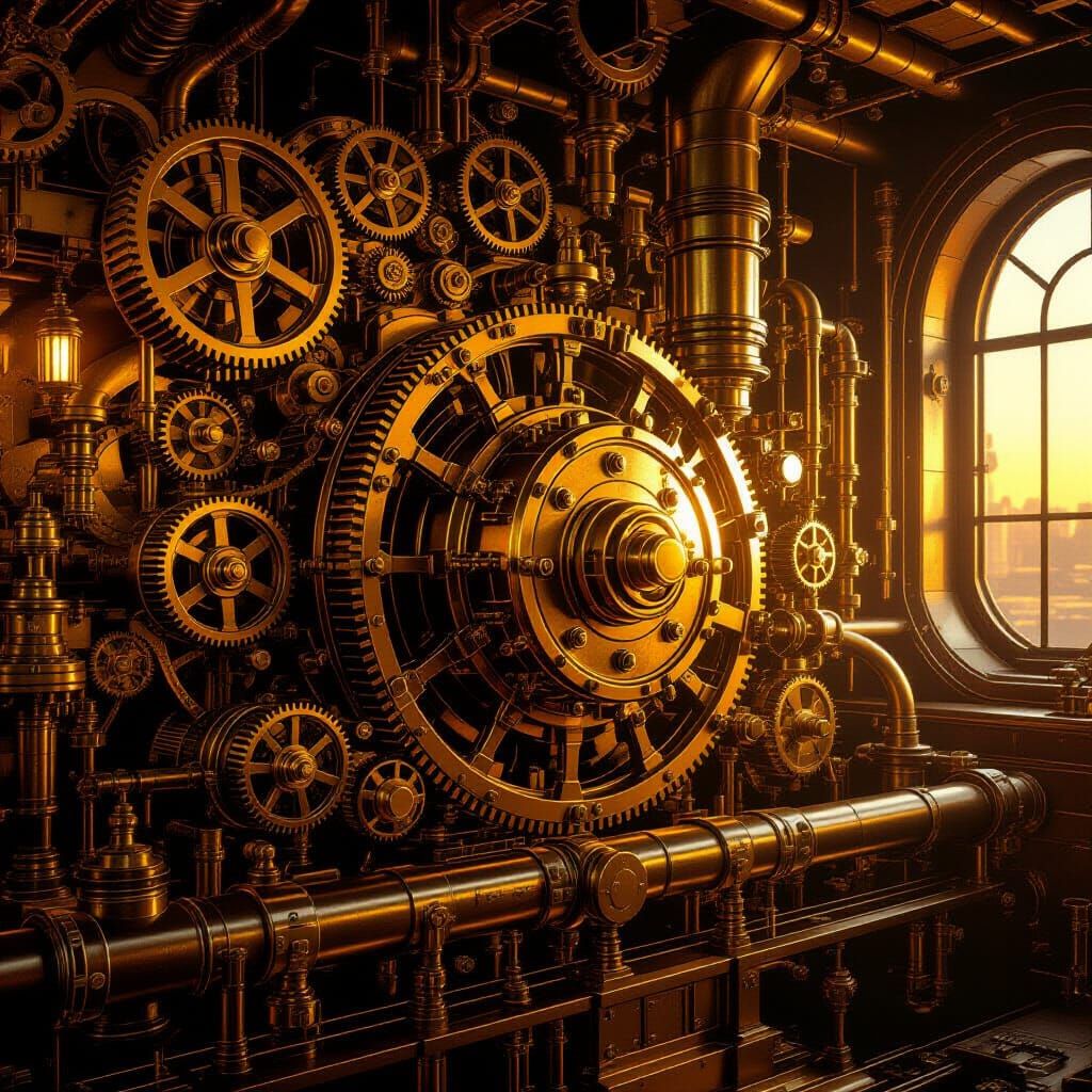 Steampunk Engine Gears and Pipes in Golden Hour Light