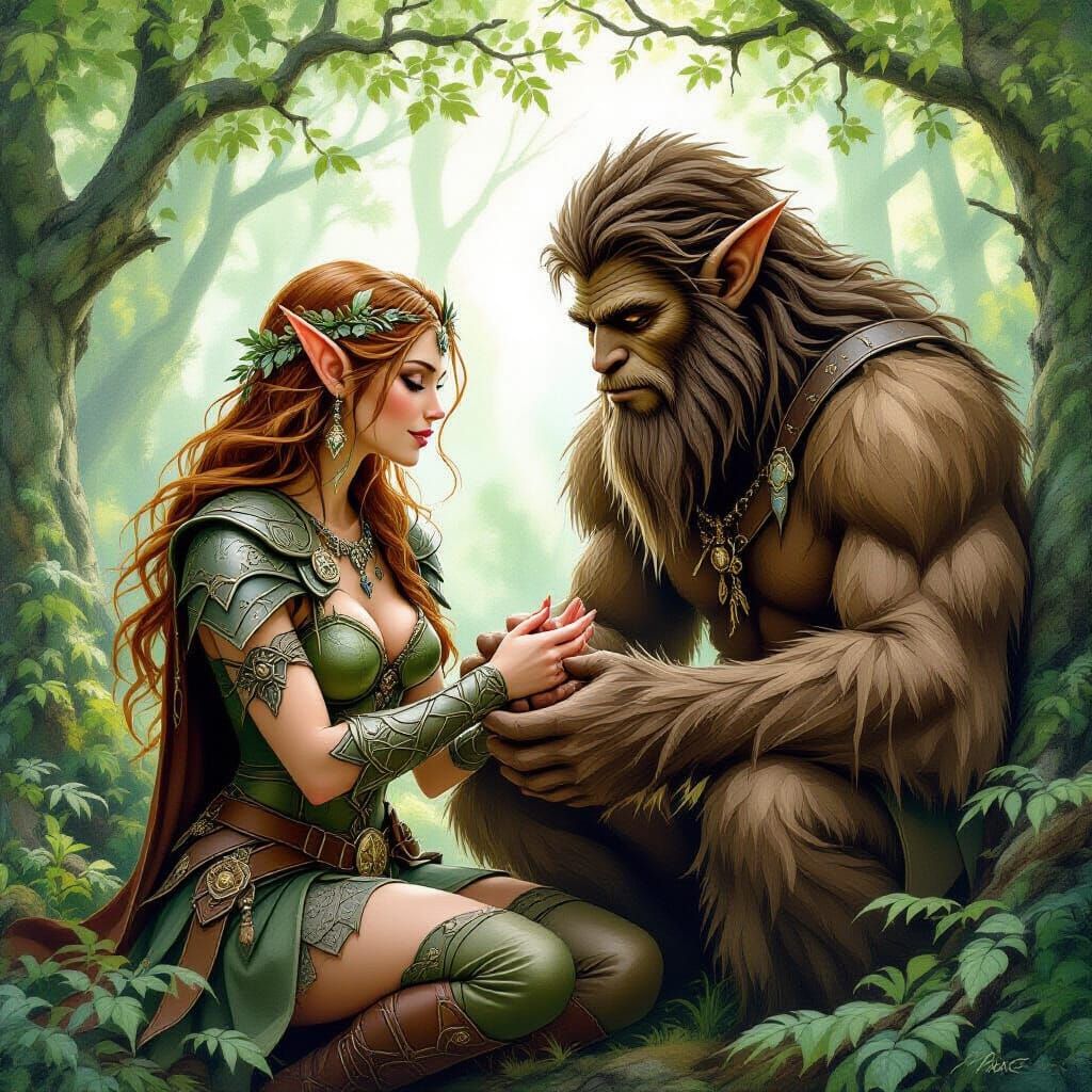 Elf and Bigfoot in Mystical Forest, Whimsical Fantasy Art
