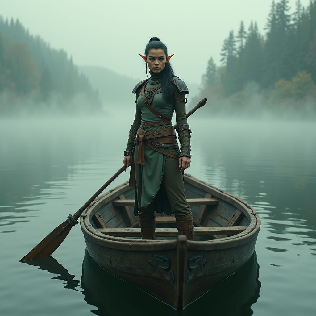 Half-Elf Smuggler Emerges from Misty Lake at Dawn